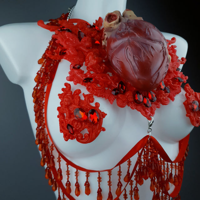"Louvri" Red Anatomical Heart Diamante Filigree Jewellery Harness with Pasties