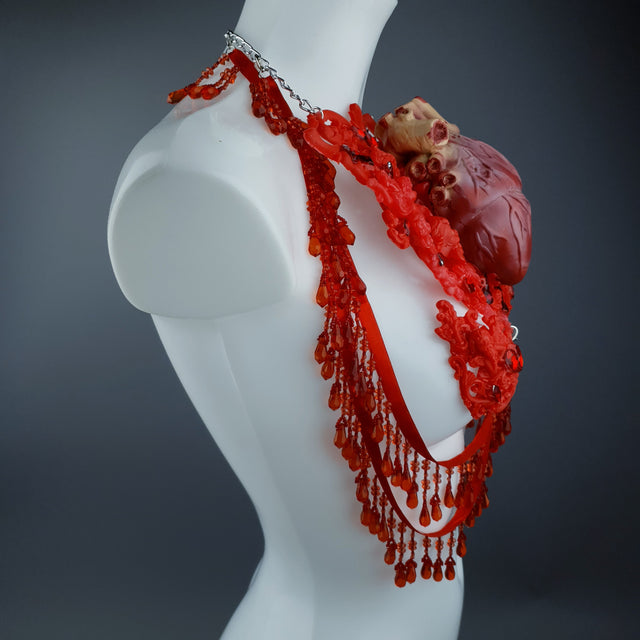 "Louvri" Red Anatomical Heart Diamante Filigree Jewellery Harness with Pasties