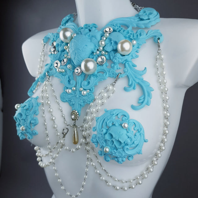 "Possess" Pastel Blue & Pearl 666 Filigree & Beading Jewellery Harness & Pasties