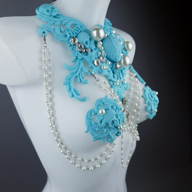 "Possess" Pastel Blue & Pearl 666 Filigree & Beading Jewellery Harness & Pasties