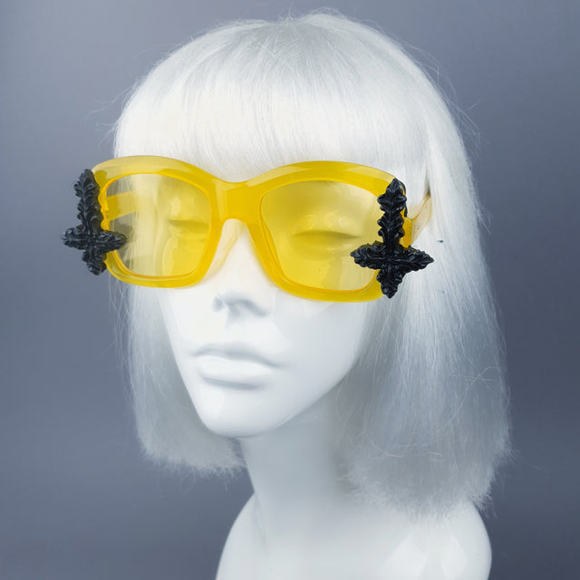 "Ophite" Yellow Unisex Sunglasses with Black Crosses
