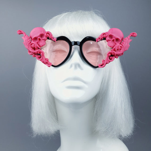"Amodioa" Pink Skull & Filigree Heart Shaped Sunglasses