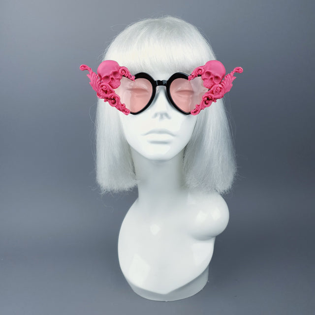 "Amodioa" Pink Skull & Filigree Heart Shaped Sunglasses