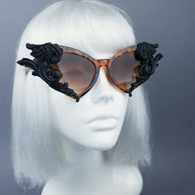 "Tantatris" Black & Tortoiseshell Filigree Catseye Sunglasses