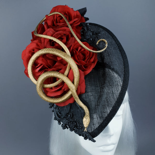 "Serpent" Red Rose, Gold Snake & Black Filigree Fascinator Hat