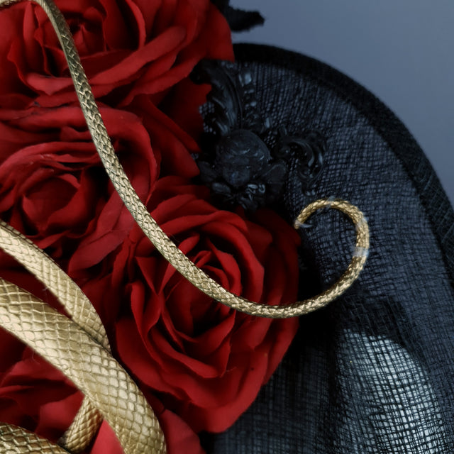 "Serpent" Red Rose, Gold Snake & Black Filigree Fascinator Hat