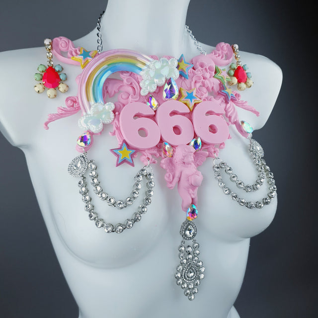 "La Sorcellerie" Pastel Pink Rainbow & Filigree 666 Neckpiece