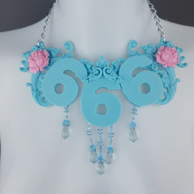 "Omen" Pastel Blue & Pink 666 Filigree & Beading Neckpiece