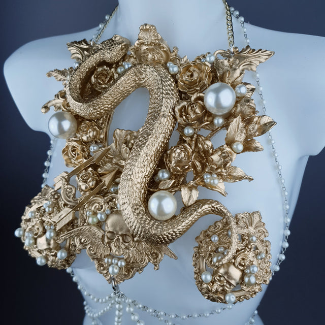 "Manasa" Gold Snake, Rose & Pearl Harness Body Jewellery & Pasties.