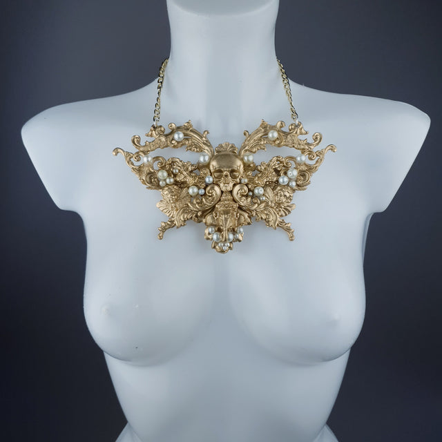 "Gulika" Gold & Pearl Skull Ganesh Filigree Necklace