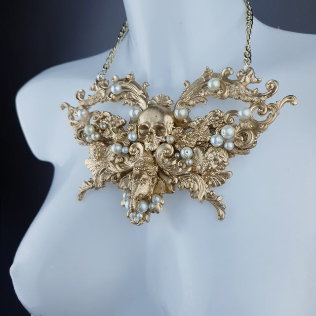 "Gulika" Gold & Pearl Skull Ganesh Filigree Necklace