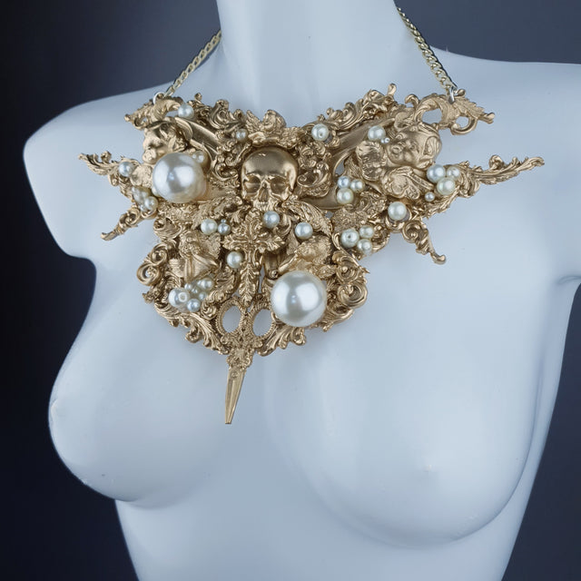 "Santua" Gold & Pearl Skull Scissors Filigree Necklace