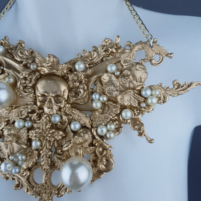 "Santua" Gold & Pearl Skull Scissors Filigree Necklace