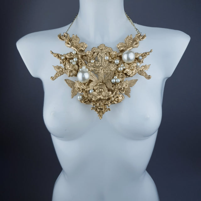 "Sacred" Gold & Pearl Cherubs & Cross Filigree Necklace