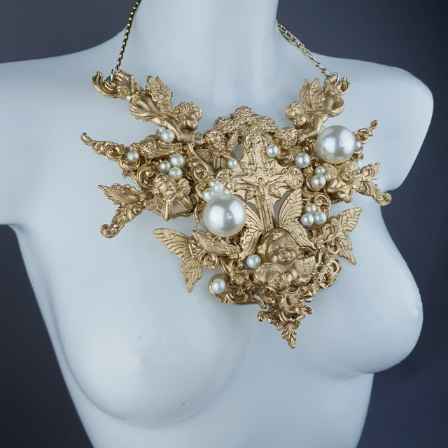 "Sacred" Gold & Pearl Cherubs & Cross Filigree Necklace
