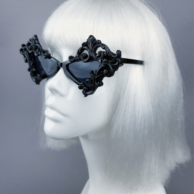 "Maira" Black Filigree Diamond Shaped Sunglasses