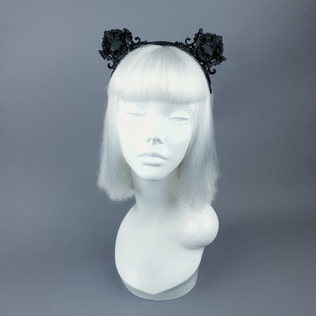 "Oishi" Black Filigree & Skull Cat Ear Headband