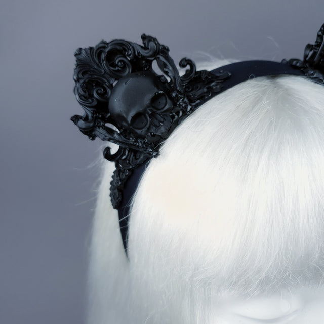 "Oishi" Black Filigree & Skull Cat Ear Headband