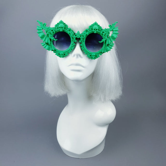"Green Eyed Monster" Skull, Bat & Filigree Sunglasses