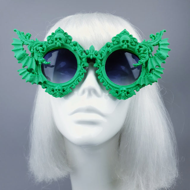 "Green Eyed Monster" Skull, Bat & Filigree Sunglasses