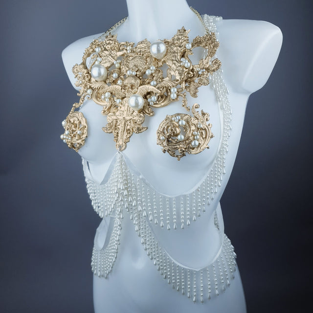 "Lavica" Gold Lions, Rose & Pearl Harness Body Jewellery & Pasties.