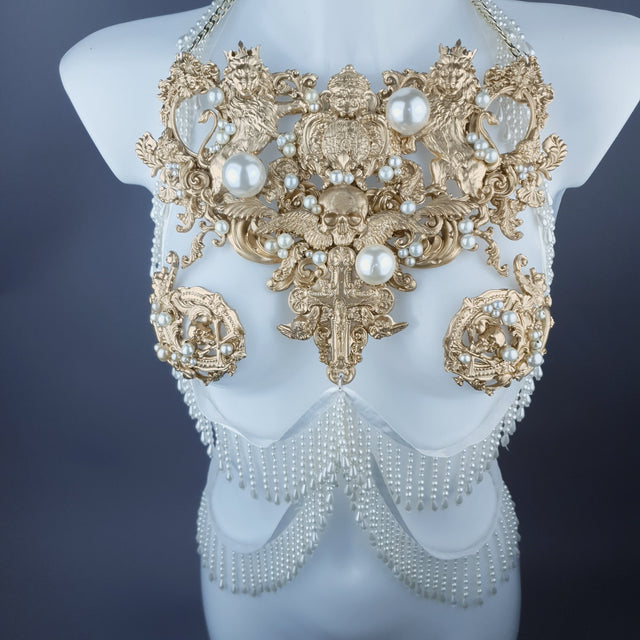 "Lavica" Gold Lions, Rose & Pearl Harness Body Jewellery & Pasties.