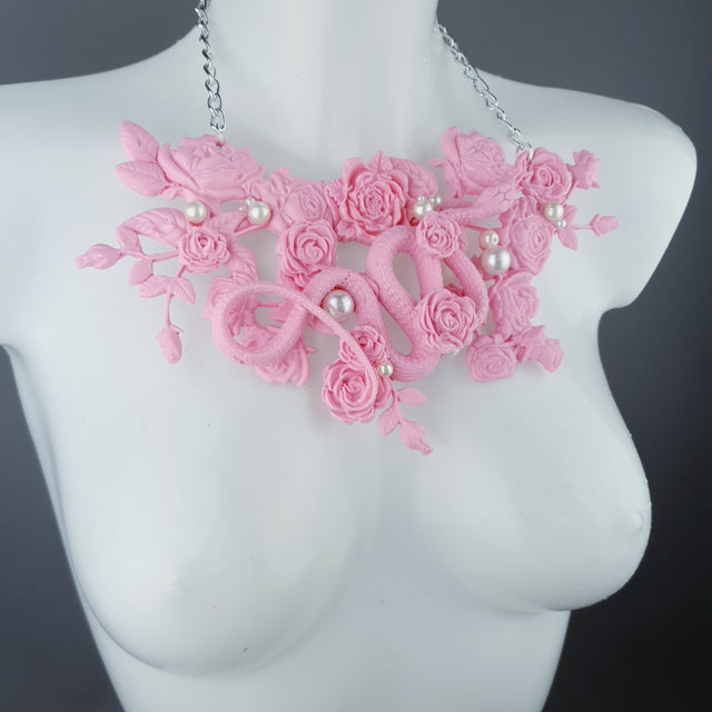 "Cleo" Pastel Pink Snake, Roses & Pearls Neckpiece