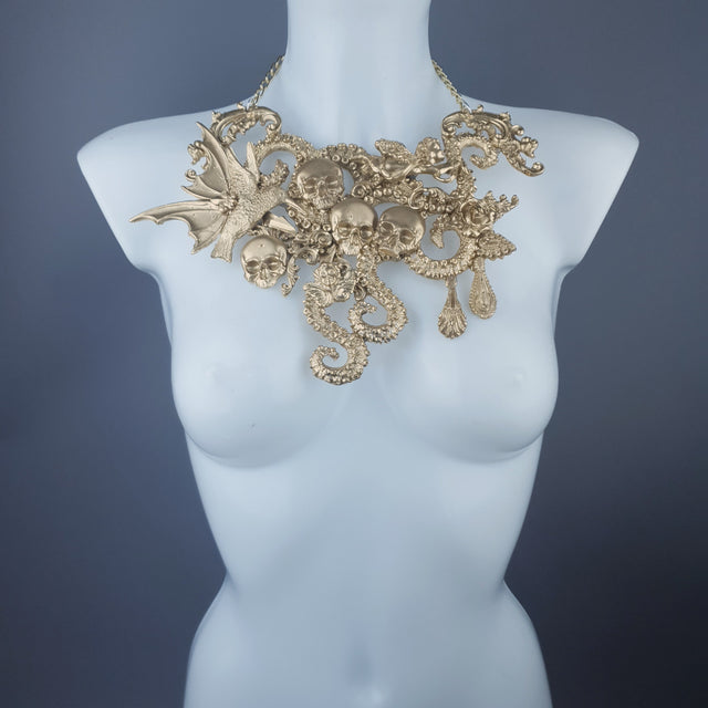 "Samael" Gold Skulls, Tentacles, Hummingbird & Filigree Necklace