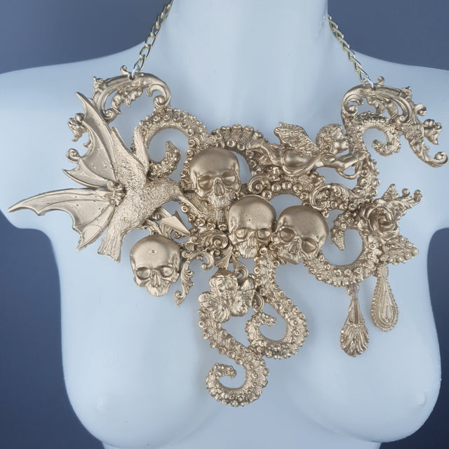 "Samael" Gold Skulls, Tentacles, Hummingbird & Filigree Necklace