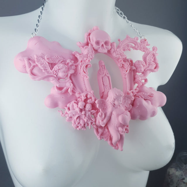 "Ascension" Pastel Pink Mary, Cherubs & Clouds Necklace