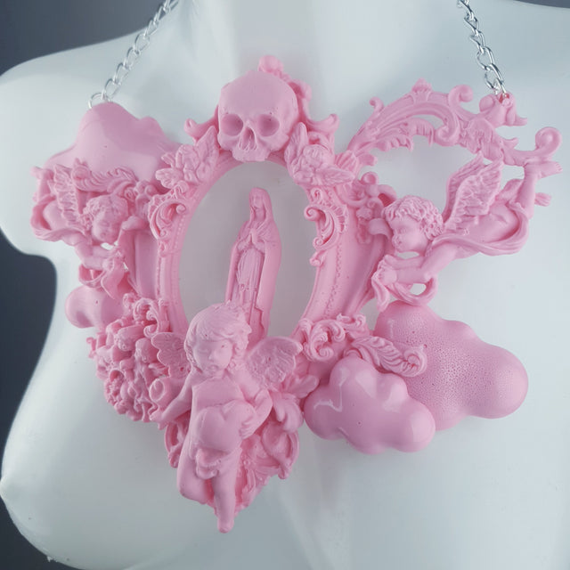 "Ascension" Pastel Pink Mary, Cherubs & Clouds Necklace