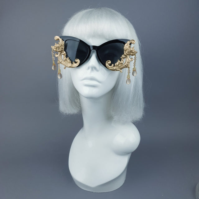 "Parisa" Black & Gold Filigree Cherub Beading Sunglasses