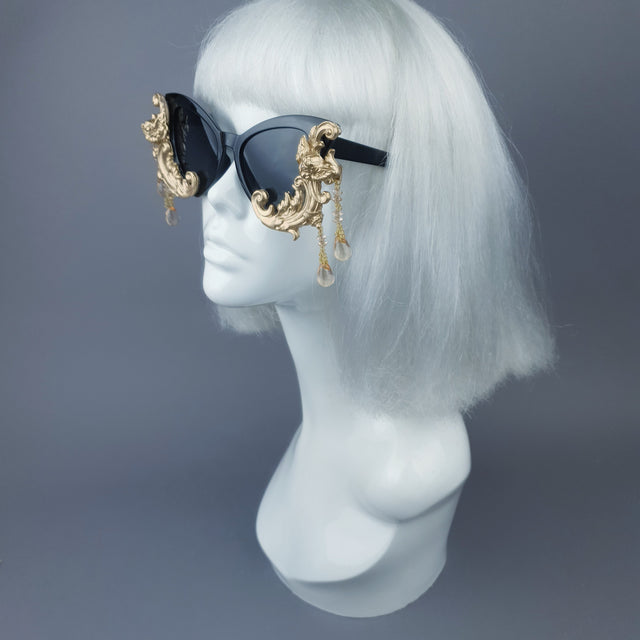 "Parisa" Black & Gold Filigree Cherub Beading Sunglasses