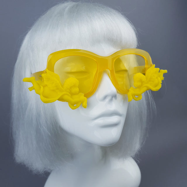 "Walking on Sunshine" Yellow Unisex Sunglasses with Cherubs