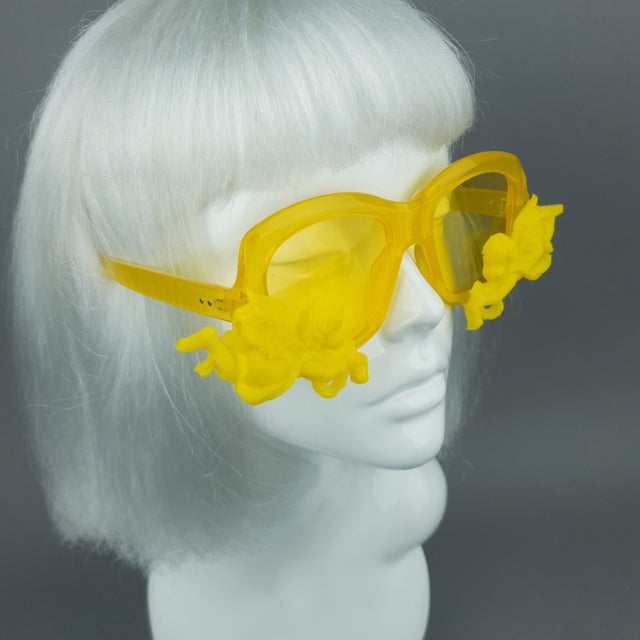 "Walking on Sunshine" Yellow Unisex Sunglasses with Cherubs