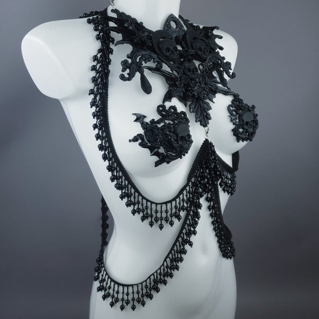 "Manon" Black Filigree 666 & Beading Jewellery Harness with Nipple Pasties