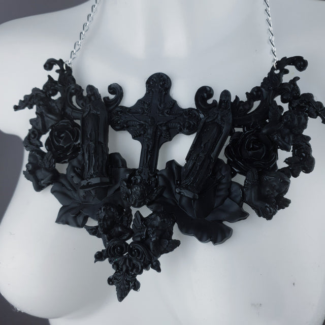 "Shrine" Black Cross, Virgin Mary, Roses & Filigree Necklace
