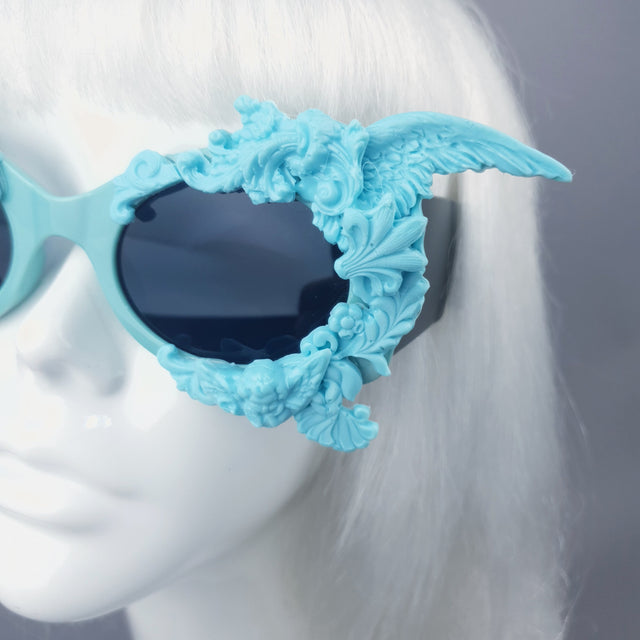 "Alya" Pastel Blue & Black Filigree & Skull Sunglasses