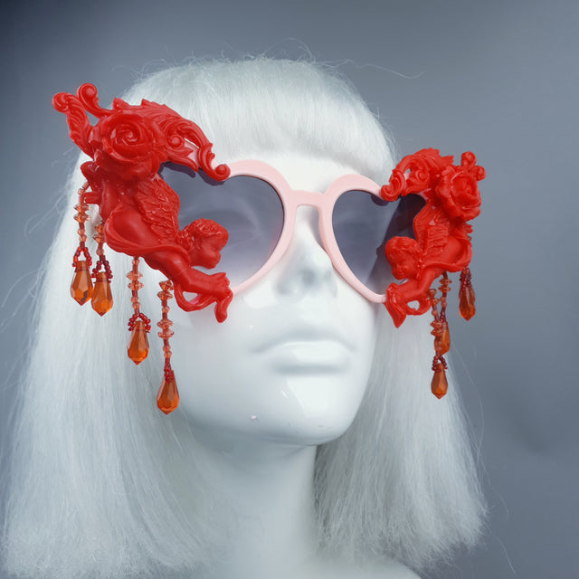 "Seraphina" Pink & Red Cherub, Filigree & Beading Heart Shaped Sunglasses