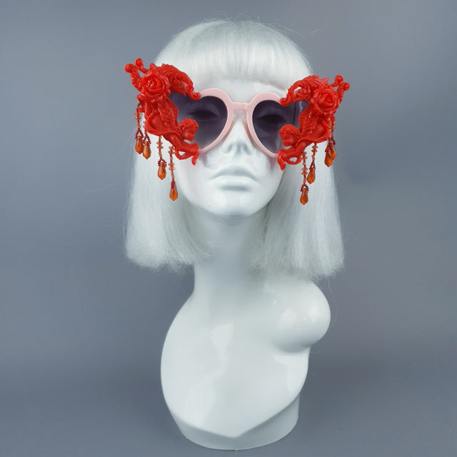 "Seraphina" Pink & Red Cherub, Filigree & Beading Heart Shaped Sunglasses