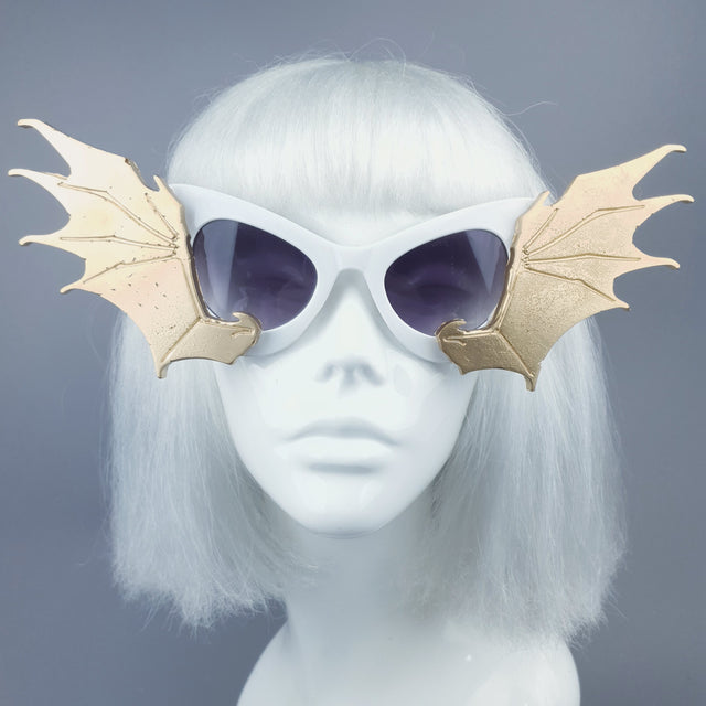 "Devour" Gold & White Bat Wing Catseye Sunglasses