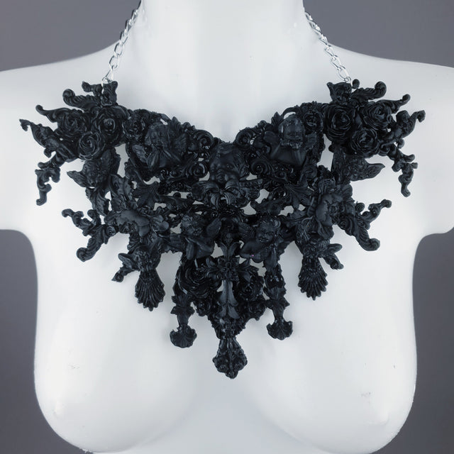 "Raphaela" Black Cherub & Filigree Necklace