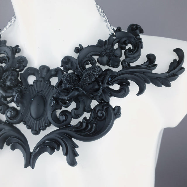 "Sanctuary" Black Scrolling Filigree & Cherubs Necklace