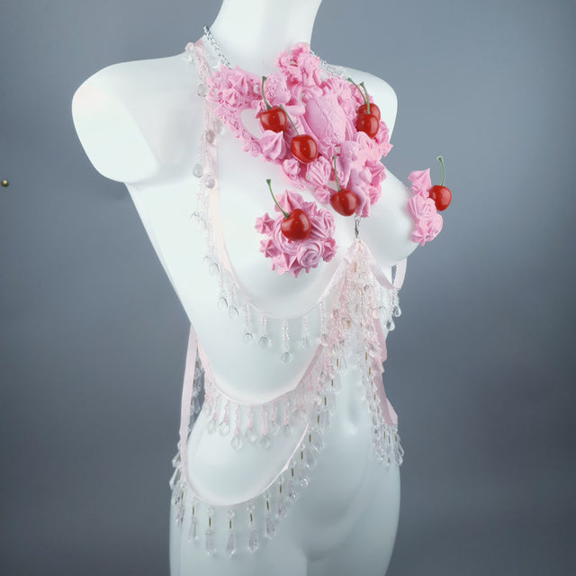 "Nuolla" Pink Cherry Filigree & Beading Body Jewellery with Nipple Pasties
