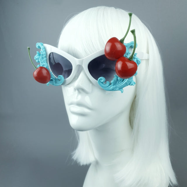 "Crème" Cherries & Pastel Blue Cream Catseye Sunglasses