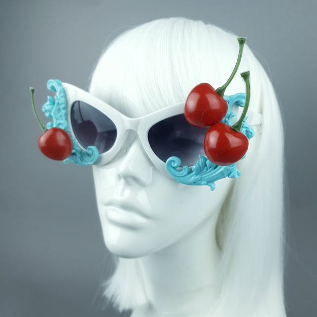 "Crème" Cherries & Pastel Blue Cream Catseye Sunglasses