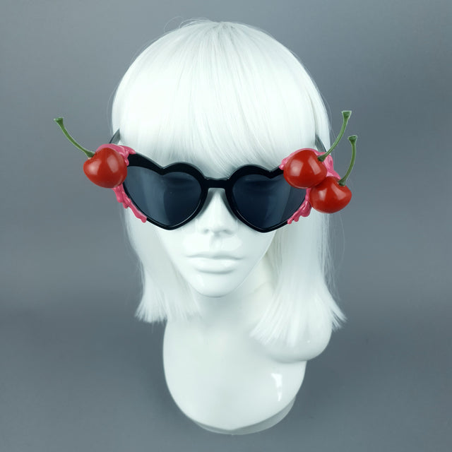 "Cerise Noire" Black & Pink Cherry Heart Sunglasses