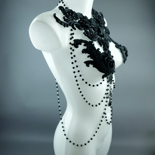 "Nyx" Black Filigree & Beading Body Jewellery with Nipple Pasties