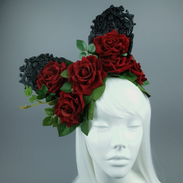 "Belladonna" Red Rose & Filigree Ears Fascinator Hat Headdress