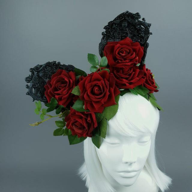 "Belladonna" Red Rose & Filigree Ears Fascinator Hat Headdress